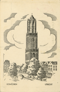 603397 Gezicht op de Domtoren te Utrecht, vanaf de Oudegracht; in het midden de Gaardbrug.